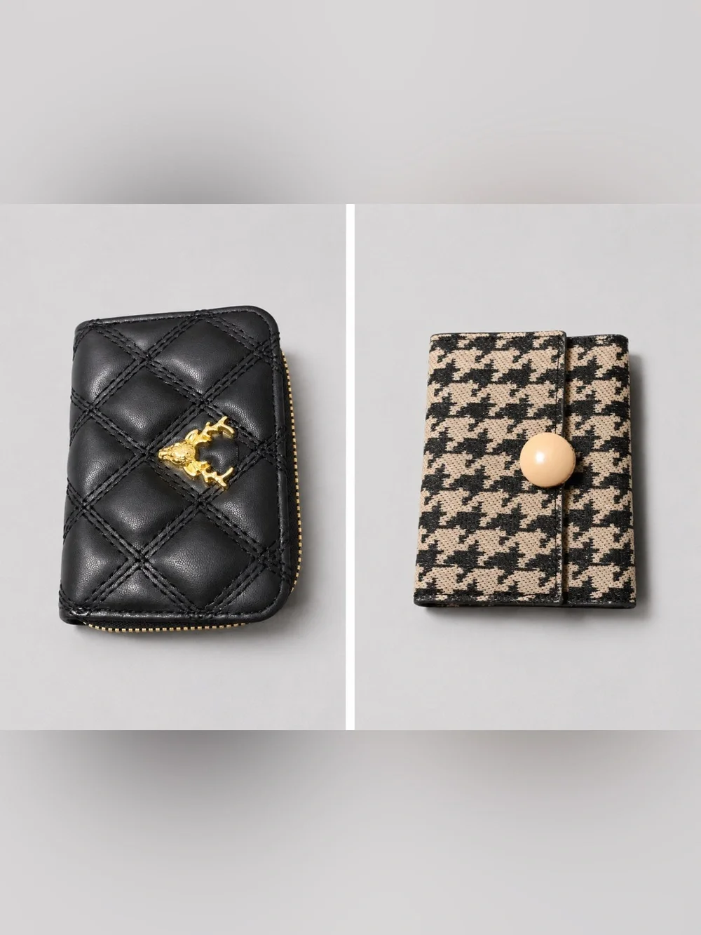 Black Quilted Zip Wallet with Gold Emblem & Black houds Wallet Set of 2